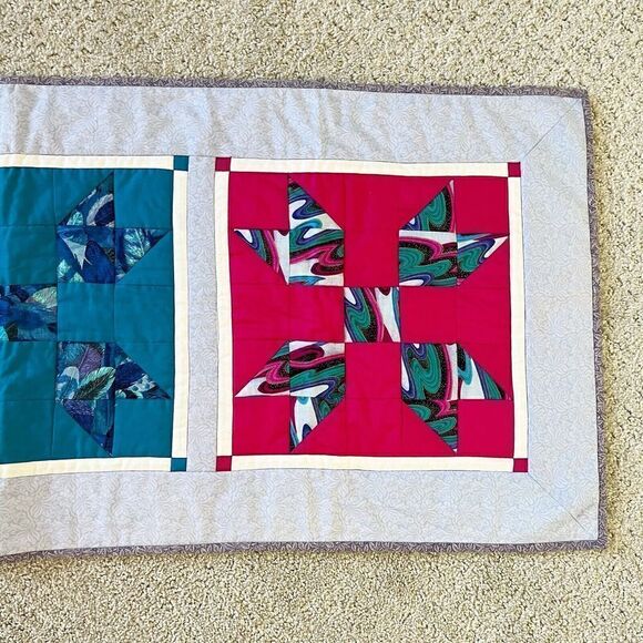 Handmade Quilted Patchwork Table Runner Pinwheel Jewel Tone Red Purple Blue - Picture 3 of 11